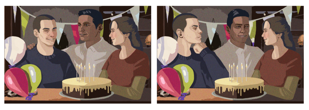 A comparison of two pictures at a birthday party. In the first, Tyler, Eddy and Alyson look happy; in the second, Tyler is scowling while Eddy and Alyson look happy.