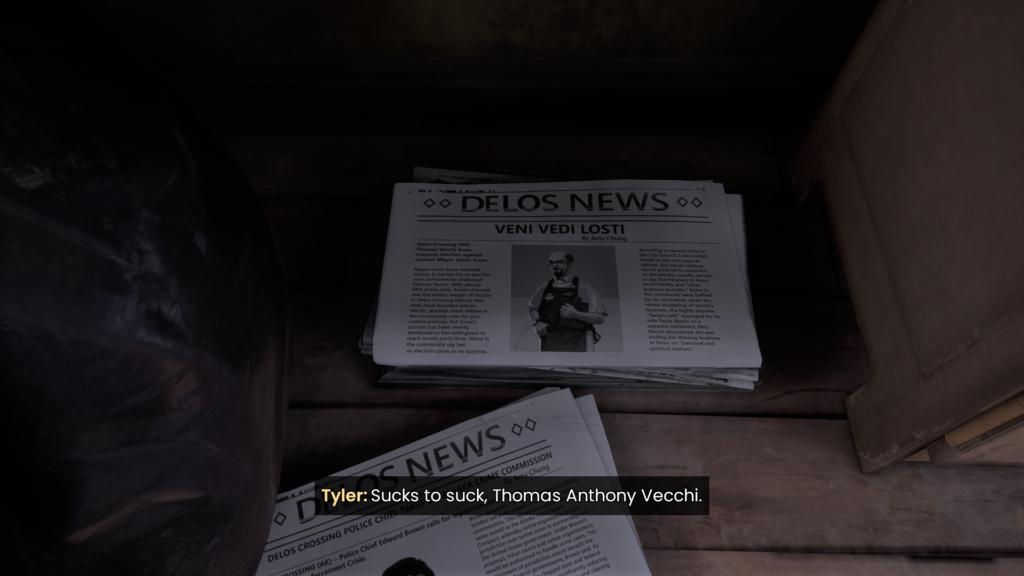 A newspaper with the headline "Veni Vidi Lost!" Tyler: Sucks to suck, Thomas Anthony Vecchi.