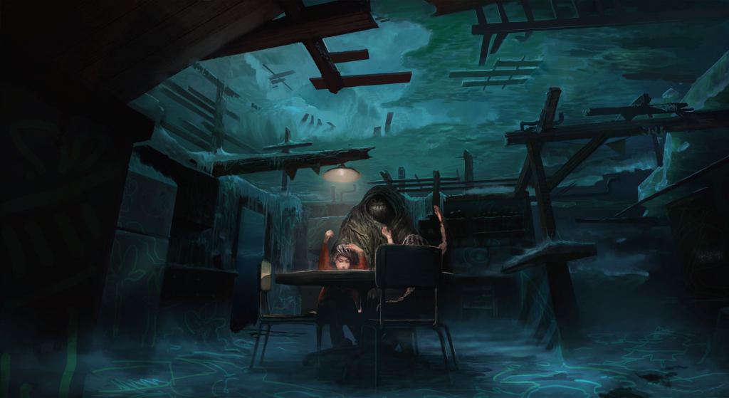 Concept art of the Ronan house's kitchen underwater, with young Tyler and Alyson sitting at the table and the Mad Hunter standing behind them.