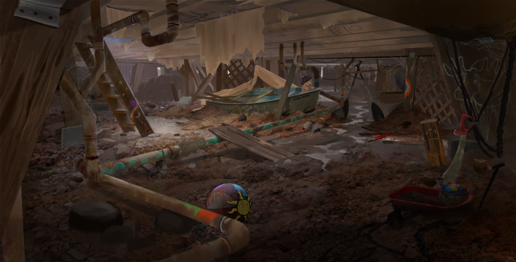 Concept art of the crawlspace under the Ronan House.