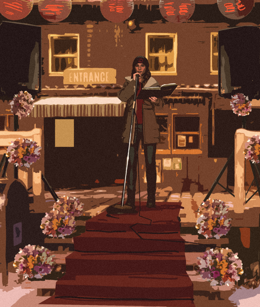 An in-game photo of Alyson at a poetry reading.