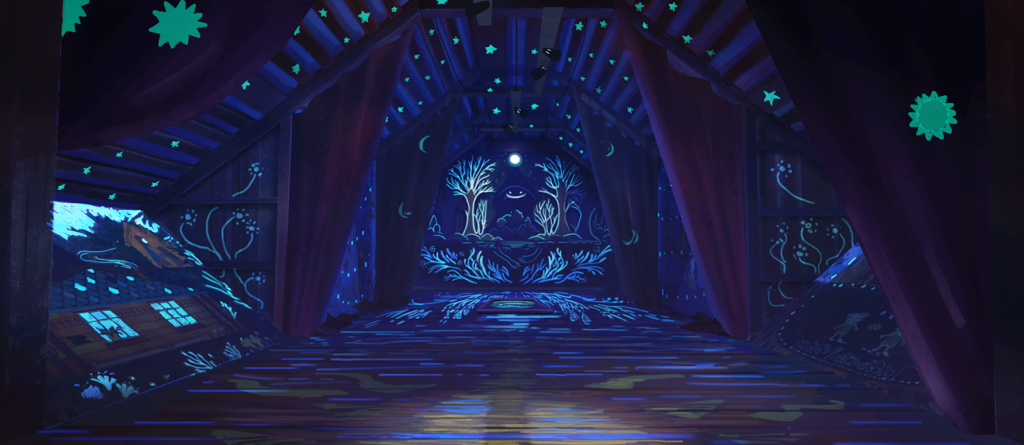 Concept art of the attic with glow-in-the-dark detailing.
